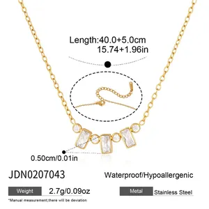 Detail view of 18k gold plated stainless steel necklace with clear crystals and dimensions