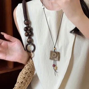 New Chinese Style Star Moon Beaded Necklace Retro Ethnic Long Sweater Chain Wood Beads Handmade Women Jewelry Neckpiece