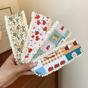 Set of sweet floral and cherry print knitted hair fringe stickers with lace edges