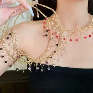 Élégant Ras du Cou en Cuivre Dentelle Creuse pour Femmes Vintage Géométrique Gland Strass Bijoux de Cou pour Fête Quotidien