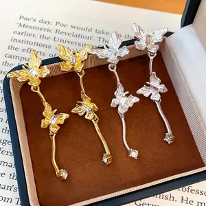 Luxury Alloy Butterfly Tassel Earrings With Silver Earring Post Gold Silver Rhinestone Dangle Earrings For Women Fashion Jewelry