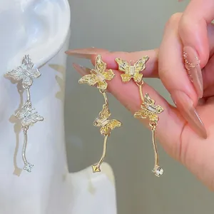 Elegant silver needle butterfly tassel earrings with sparkling crystals for women