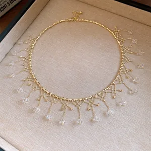 Elegant gold lace fringe choker necklace with clear crystal beads for women's high-end jewelry
