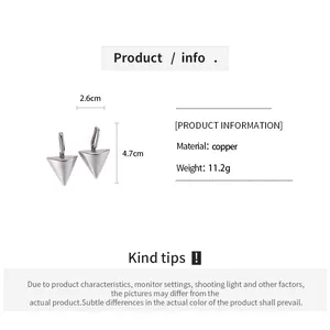 Minimalist triangle pendant earrings detail with size, weight, and copper material info