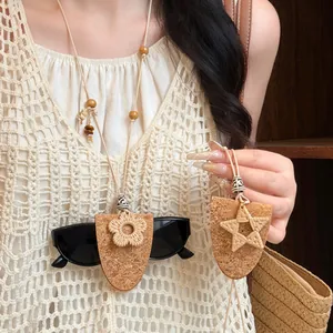 Boheemse Leren Koord Brilhouder Ketting Ster Bloem Kurk Hanger Houten Kralen Lange Trui Ketting Voor Vrouwen Vakantie Reizen Accessoire