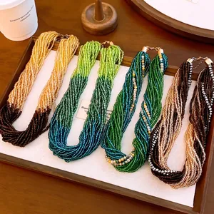 Luxe Meerlaagse Glas Kristallen Kralen Ketting Voor Vrouwen Mode Geometrische Sleutelbeen Ketting Gepersonaliseerde Overdreven Statement Sieraden Cadeau