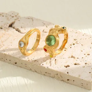 Bagues irrégulières en acier inoxydable doré 18 carats avec pierres colorées et texture