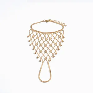 Elegant gold hollow geometric mesh slave bracelet with integrated finger ring