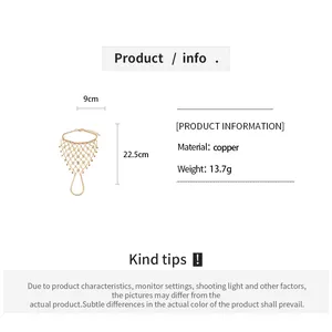 Detailed size and material info for the gold hollow fringe ring bracelet hand harness