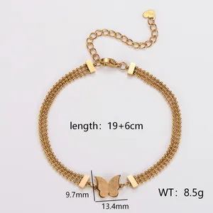 Bracciale a tre file di sfere in acciaio inossidabile dorato con ciondolo farfalla satinata