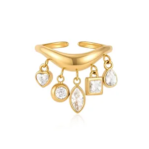 Eleganter vergoldeter Edelstahlring mit Zirkonia-Quastenanhängern in Wellenform