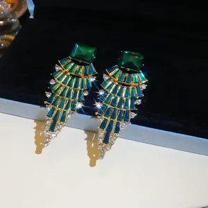 Exquisite emerald green crystal fan-shaped tiered drop earrings in a black gift box