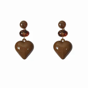Elegant Maillard style brown resin heart drop earrings with tiered beads for women