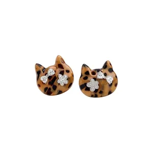 Silber Ohrringpfosten Strass Eingelegte Katze Ohrstecker Leopardenmuster Acetat Leichter Luxus Mode Schmuck Damen