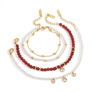Vintage 18k gold plated stainless steel bracelet set with pearls and agate beads