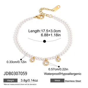 Mesures détaillées du bracelet en perles d'acier inoxydable doré avec breloques zircons