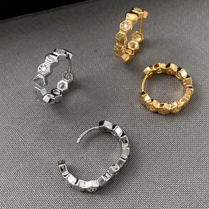Elegant 18k gold plated zircon hoop earrings with unique hexagonal honeycomb design