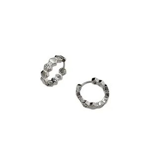 Elegant 18k white gold plated hexagonal hoop earrings with cubic zirconia stones.
