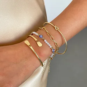 Bracciale Retrò Placcato Oro Argento Ferro Perla Artificiale Malocchio da Donna Bracciale Rigido a Nodo Geometrico Gioielli