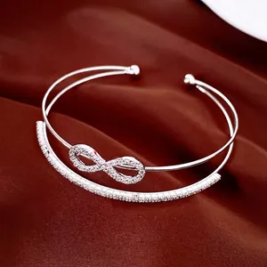 Twisted Round Double Layer Open Cuff Bracelet For Women Copper Zirconia Inlaid Infinity Symbol Fashion Luxury Commuter Jewelry Silver Color