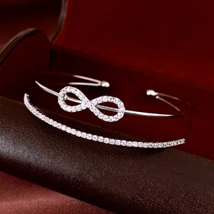 Elegant luxury double-layered silver zircon infinity open bangle bracelet for women