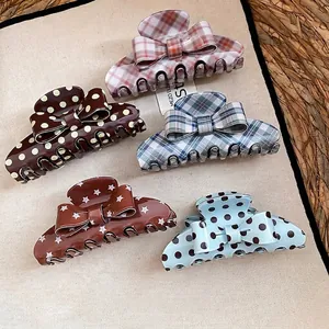 Vintage Koreaanse Strik Haarclip Acryl Ruitjes Stip Ster Patroon Haaienclip Elegante Paardenstaart Haaraccessoires Vrouwen