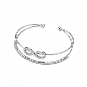 Verdrehter Runder Zweischichtiger Offener Armreif Für Damen Kupfer Zirkonia Eingelegt Unendlichkeitssymbol Mode Luxus Pendler Schmuck Silberfarbe