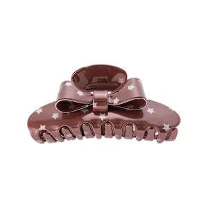 Vintage Korean Bow Hair Claw Clip Acrylic Plaid Polka Dot Star Pattern Shark Clip Elegant Ponytail Hair Accessories Women