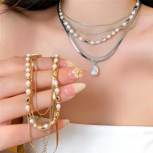 Collana Francese Vintage Multistrato di Perle Artificiali Oro Argento Placcato Rame Pendente di Perla Barocca per Donna