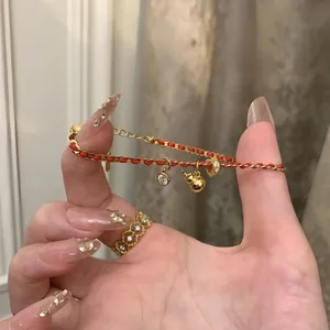 Bracelet à Breloque Ronde en Zircone Plaqué Or 24K Femme Mode Corde Rouge Tressée Bijoux Poignet Élégant Cadeau