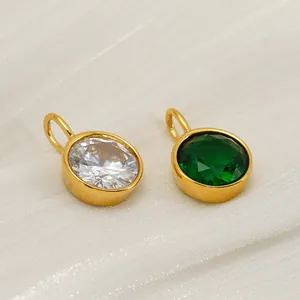 Stainless Steel Round Cubic Zirconia Pendant Emerald White Diamond DIY Necklace Accessory Retro Jewelry For Women Gift