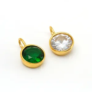 Elegant round stainless steel pendants with emerald and white zircon for DIY necklaces.