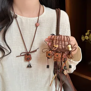 Geometric Wood Bead Bear Star Pendant Necklace Vintage Handmade Sweater Chain Korean Velvet Cord Forest Style Jewelry For Women