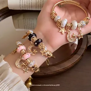Women's European Style Alloy Rhinestone Star Moon Pendant Bracelet Individual Sweet Cool Style Enamel Charm Bangle Jewelry