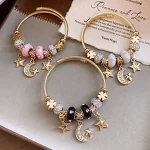 Gold plated star and moon charm bracelets with crystal beads set of 3