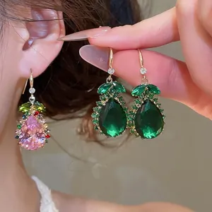 Vintage palace style sparkling zircon waterdrop earrings for women in elegant green and pink.