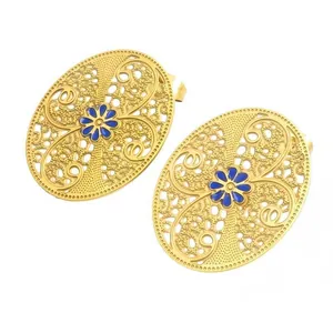 Vintage chinesische Goldfiligran-Ohrstecker mit blauer Emaille-Blume im Oval-Design