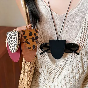 Korean Leather Oval Pendant Eyeglass Holder Necklace Fashion Simple Handmade Leather Sweater Chain Jewelry For Women