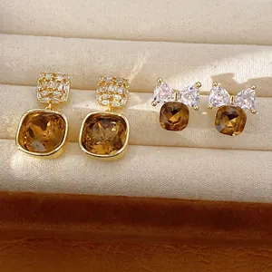 14K Gold Plated Copper Square Stud Earrings For Women With 925 Sterling Silver Post Zirconia Rhinestone Elegant Bowknot Jewelry