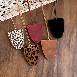 Minimalist leather oval pendant necklaces in assorted leopard and solid colors