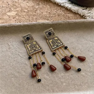 Vintage royal style square tassel drop earrings with brown and black beaded fringe