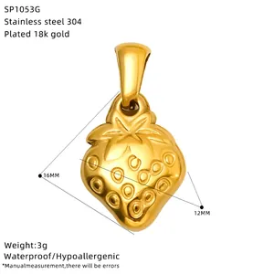 Detailed macro view of 18K gold plated stainless steel strawberry pendant with dimensions