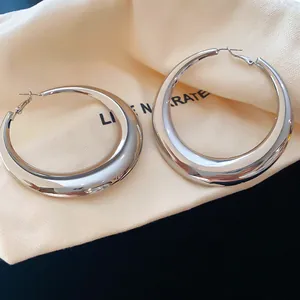 Gedetailleerd overzicht van grote zilveren metalen oorringen met een gladde spiegelafwerking