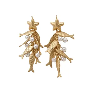 Vintage Gold Starfish And Fish Dangle Earrings For Women Alloy Artificial Pearl Earring With Silver Earring Post Elegant Ocean Jewelry