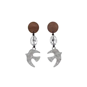 Elegant vintage bohemian swallow bird pendant earrings with wooden studs and clear crystals