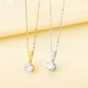 Minimalist Stainless Steel Single Rhinestone Pendant Necklace For Women Geometric Round Claw Inlaid Daily Clavicle Chain Jewelry