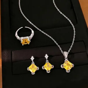 Ruit Zirconia Ketting Oorbellen Verstelbare Open Ring Combinatie Trendy Koperen Sieraden Accessoires Voor Dames