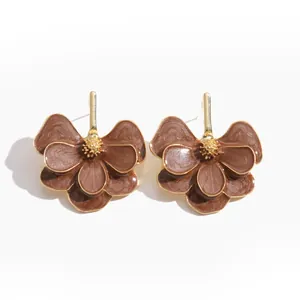Elegant vintage metallic flower stud earrings with brown enamel glaze for women
