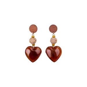 Koper Zirconia Bloem Hanger Oorknopjes Vintage Hout Schelp Hars Hart Hangende Oorbellen Elegante Mode Sieraden Voor Vrouwen