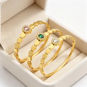 Bracelet Jonc Vintage en Acier Inoxydable Plaqué Or 18K Tournesol Strass Hexagonal Géométrique pour Femme Bijoux de Luxe Cadeau